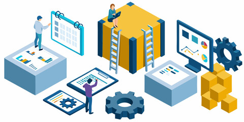 Obraz premium Isometric business concept illustration with data analysis planning and strategy development