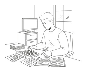 Man working at desk with calculator against office background