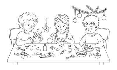 Children making Christmas crafts against white background