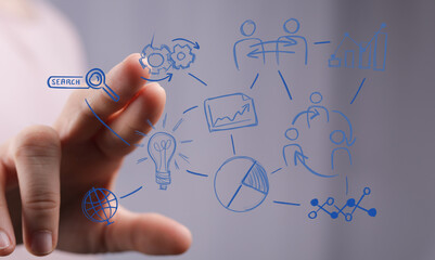 Fototapeta premium Hand pointing at digital business plan. Teamwork, innovation, strategy, growth.