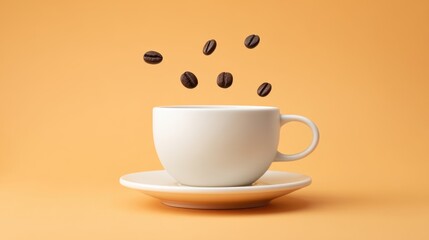 Obraz premium Coffee Cup with Floating Coffee Beans on a Vibrant Orange Background, Perfect for Beverage and Relaxation Concepts
