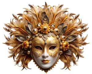 Ornate gold Venetian mask with feathers and floral accents isolated on a transparent background