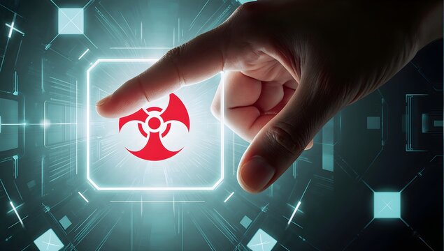 Finger Pointing At Red Biohazard Warning Icon