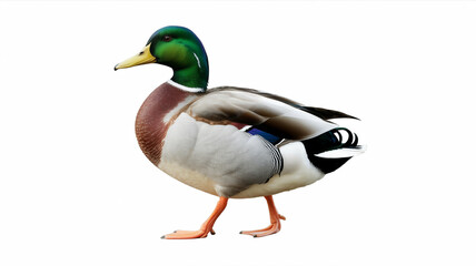 Obraz premium A vibrant mallard duck isolated on white background, showcasing its iridescent green head and colorful plumage in a studio shot