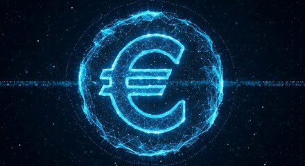 Dynamic glowing euro symbol in futuristic digital network, representing global finance and technology innovation