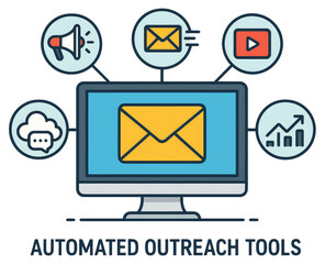 Computer monitor with email icon and surrounding icons representing automated outreach tools screen envelope isolated on a transparent background