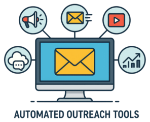 Computer monitor with email icon and surrounding icons representing automated outreach tools screen envelope isolated on a transparent background