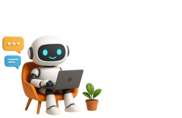 Cute 3D Robot Sitting in Orange Chair Using Laptop with Chat Bubbles and Plant artificial intelligence isolated on a transparent background
