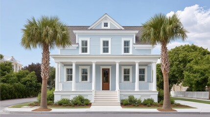 Charming blue coastal home with palm trees in front, inviting porch, pristine landscaping, and vibrant sky in a serene suburban neighborhood setting