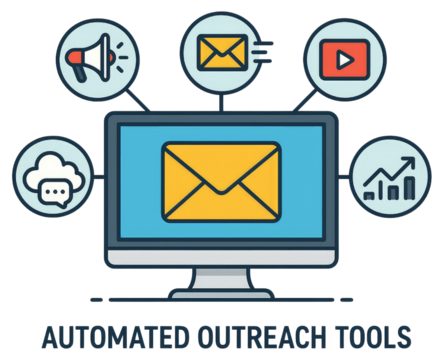 Computer monitor with email icon and surrounding icons representing automated outreach tools screen envelope isolated on a transparent background