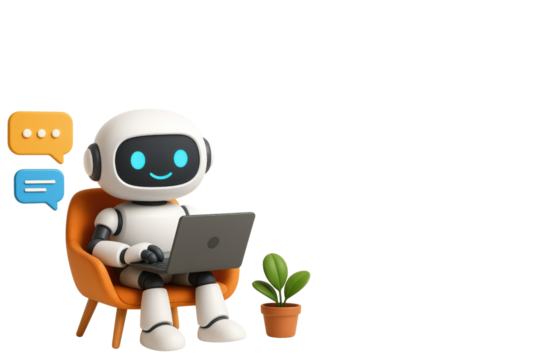 Cute 3D Robot Sitting in Orange Chair Using Laptop with Chat Bubbles and Plant artificial intelligence isolated on a transparent background