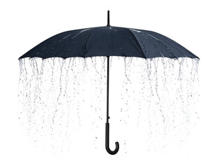 A black umbrella with cascading water droplets creating a dramatic visual effect against a dark background.