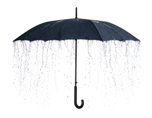 A black umbrella with cascading water droplets creating a dramatic visual effect against a dark background.