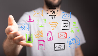 Hand presenting various digital technology icons,  representing data, communication, security, and cloud computing.