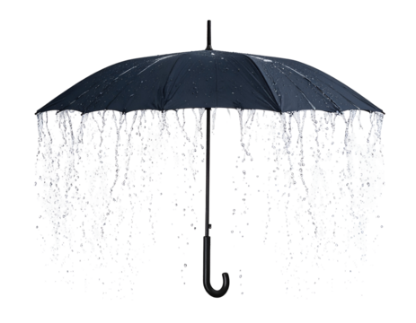 A black umbrella with cascading water droplets creating a dramatic visual effect against a dark background.