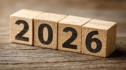 Wooden blocks displaying year 2026 on rustic wooden surface, symbolizing future planning and new beginnings. natural texture of wood adds warmth and authenticity