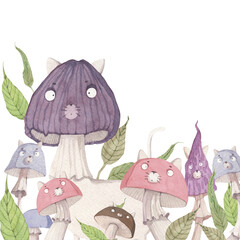 Frame of watercolor stylized illustrations of a cat and mushrooms