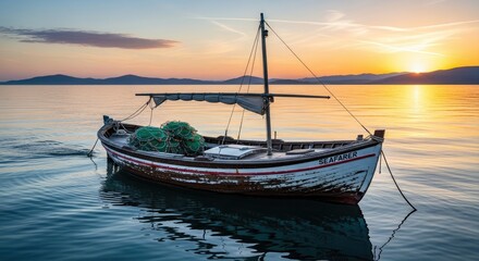 Obraz premium A small wooden boat with fishing nets on calm waters at sunset.