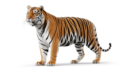 Obraz premium Majestic bengal tiger standing gracefully isolated on white background, showcasing its striking orange and black stripes, embodying power and elegance in wildlife
