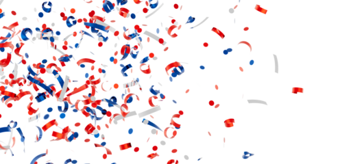 Festive confetti background featuring red, white, and blue ribbons and dots, perfect for celebratory designs.