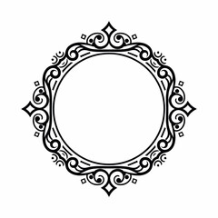 Elegant black and white circular ornamental frame with intricate swirling patterns and decorative elements.