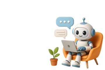 Fototapeta premium Cute robot sitting in an orange chair using a laptop with chat bubbles cartoon character isolated on a transparent background
