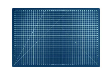 Blue A3 cutting mat with white measurement grid is isolated.