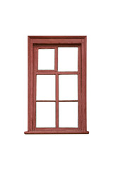 Small red brown wooden window frame with six sashes is isolated.