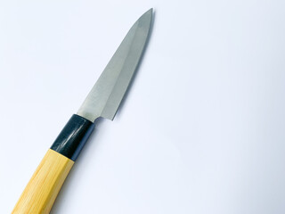Steel Kitchen Knife Isolated, Big Knife with a Brown Handle on White Background.