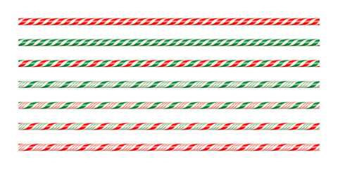 Christmas candy cane brushes in red, green and white with spiral striped pattern. Holiday sweet border decorations for festive design, wrapping paper, or banners. Realistic vector illustration.