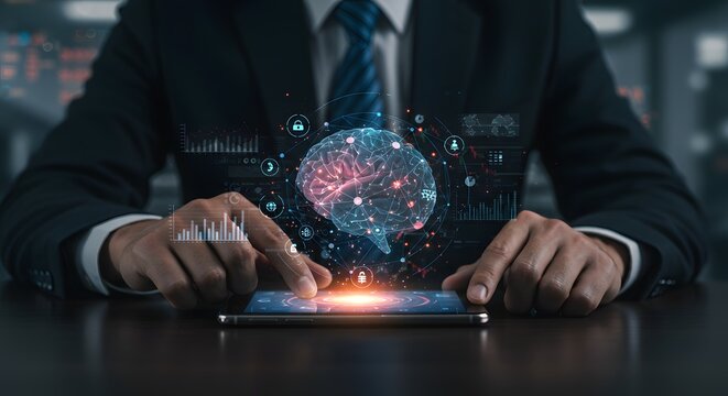 Digital Brain and Futuristic Interface on Smartphone - Business and Technology Concept - Powered by Adobe