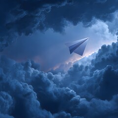 Fototapeta premium Paper airplane flying through dramatic storm clouds into light