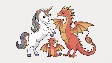 A charming illustration of a unicorn, a dragon, and a baby dragon standing together isolated on white background, creating a whimsical scene