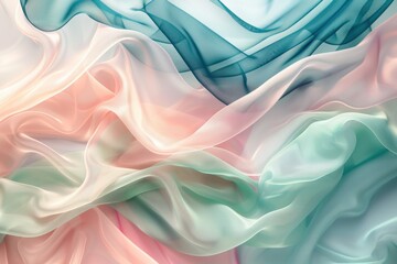 Obraz premium Delicate and flowing silk fabric in shades of pink, teal, and green creating a soft and dreamy abstract background texture