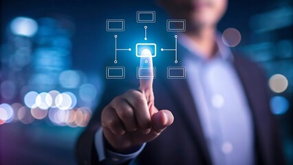 Businessman touching virtual interface to manage business process workflow