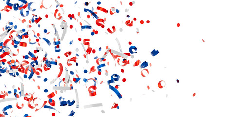Festive confetti background with red, white, and blue streamers and dots. Perfect for celebrations...
