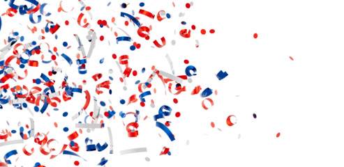 Festive confetti background with red, white, and blue streamers and dots. Perfect for celebrations and holidays.
