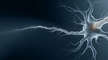 Detailed Neural Cell with Radiant Soma, Branching Dendrites, and Signal‑Carrying Axon over Dark Field, illustrating Biological Communication, Electrical Transmission, and Nervous System Complexity