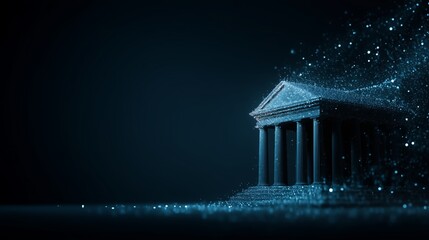 Classical Columned Temple with Triangular Pediment Emerging from Glowing Blue Particles against Dark Field, merging Architectural Heritage with Virtual Transformation and Symbolic Structural Evolution