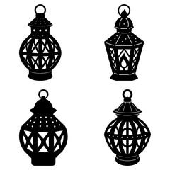 Fototapeta premium Four ornate black lanterns with intricate designs and hanging loops displayed on a white background scene