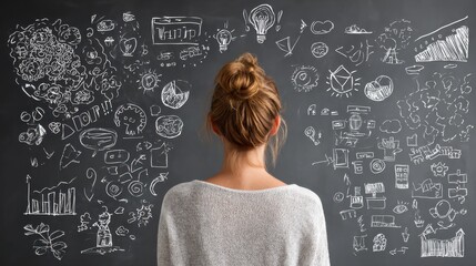woman contemplates ideas brainstorm board