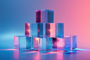 A stack of transparent glass cubes illuminated with blue and pink light creates a modern and futuristic abstract composition