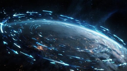 Futuristic digital interface with glowing blue arrows and data streams circulating around planet Earth, representing global network connections, communication, and information exchange from space - Powered by Adobe