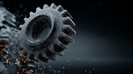 Digitally Rendered Gear with Intricate Wireframe Overlay and Scattered Sparks over Dark Background, conveying Mechanical Design, Industrial Motion, and Fusion of Engineering with Visualization