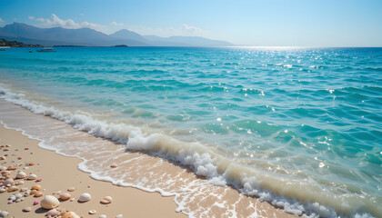 Turquoise Sea Gently Washing Over Sandy Shore with Seashells and Mountain Horizon