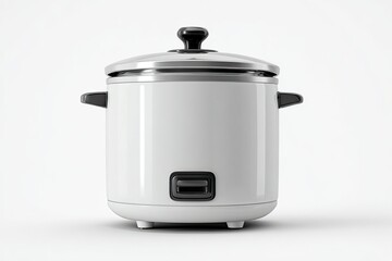White Electric Rice Cooker with Black Lid and Handles on White Background
