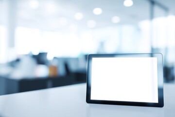 Modern Digital Tablet with Blank White Screen Positioned on Smooth Surface in Bright Office Setting, emphasizing Contemporary Workspace Technology and Minimalist Professional Presentation