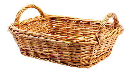Rectangular wicker basket with two handles isolated on a transparent background woven