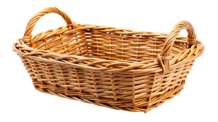 Rectangular wicker basket with two handles isolated on a transparent background woven