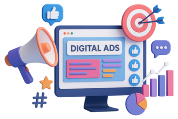 Digital ads marketing concept with computer screen megaphone target and social media icons graphic design isolated on a transparent background